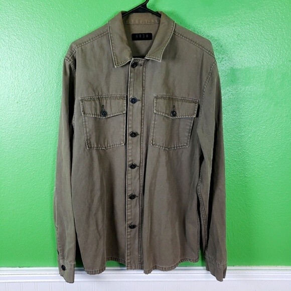 Krew Men's Khaki Graphic Button Zip Up Cargo Jacket Shacket Size Large - Picture 1 of 12